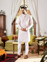 Men Light Rose Pink with Navy Blue Stripes Pintex Design Sequins Cotton Kurta With Pajama