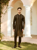 Men Black And Gold Chanderi Silk Sequins Kurta With Pajama