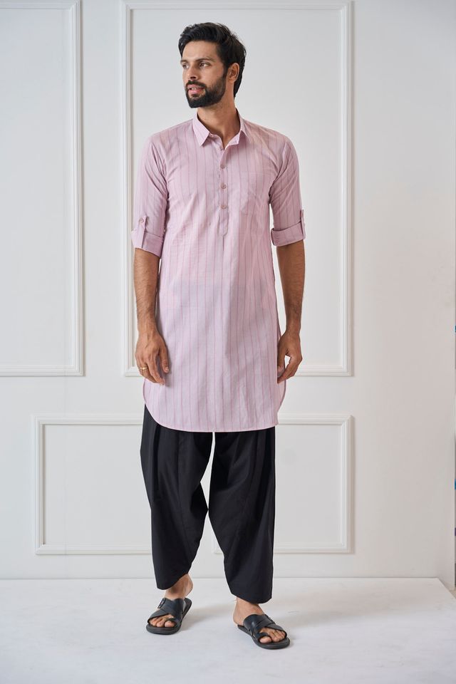 Men Baby Pink Regular Pure Cotton Pathani Kurta