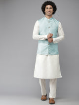 Riwaat.com Men Sky Blue & White Solid Kurta Pajama With Nehru Jacket Riwaat Indo Western