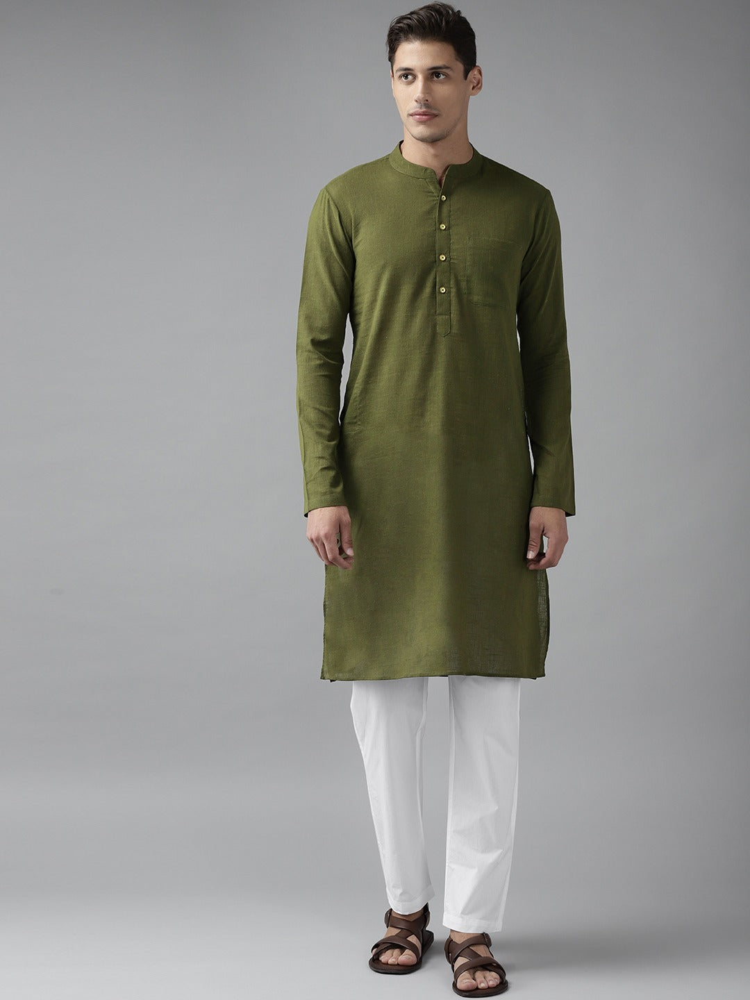 Men Olive Green Cotton Straight Kurta with Slub Effect With Pajama