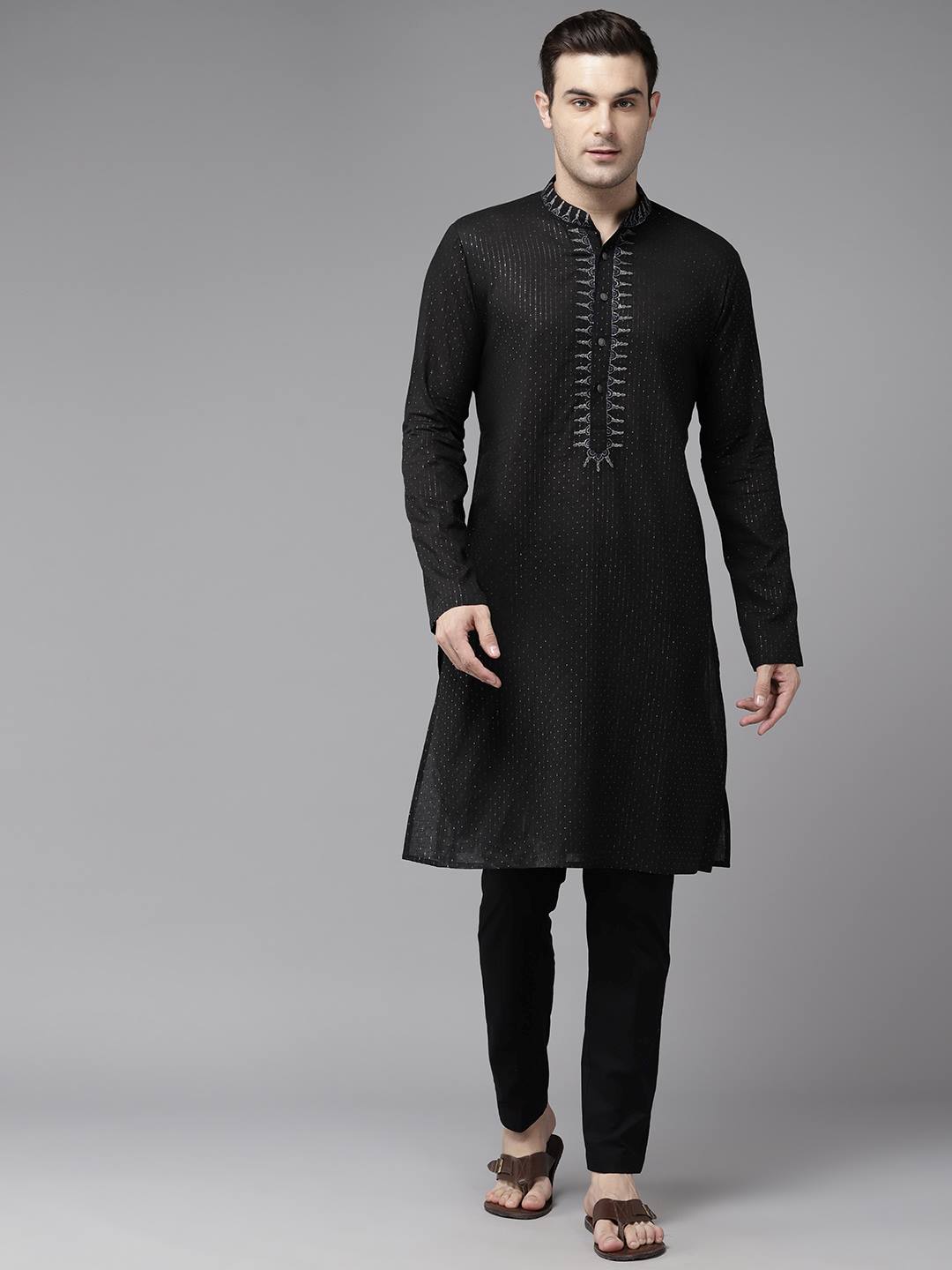 Men Black & Silver Silk Woven Design Straight Kurta With Pajama