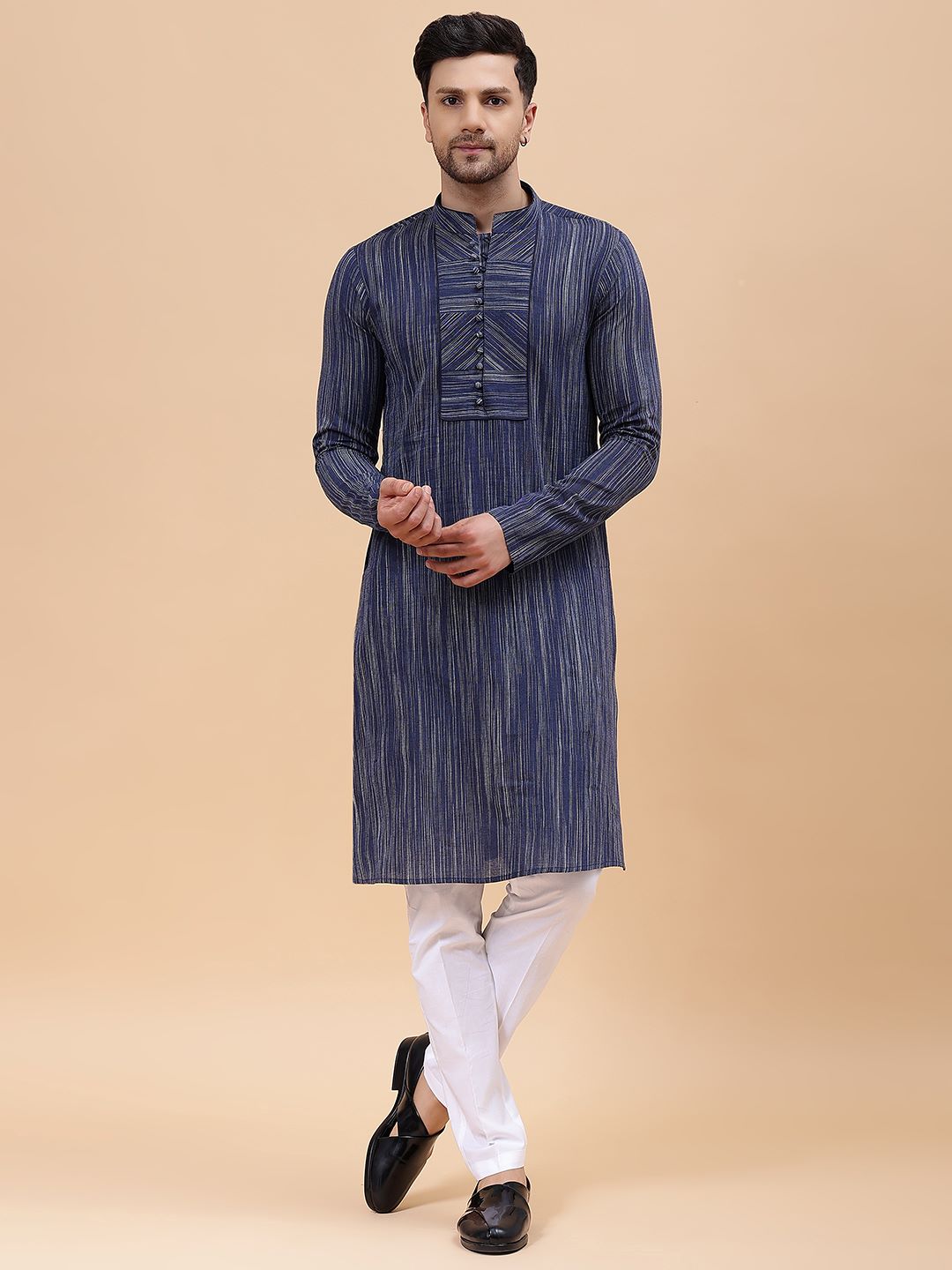 Men Navy Blue Pure Cotton Printed Straight Kurta With Pajama