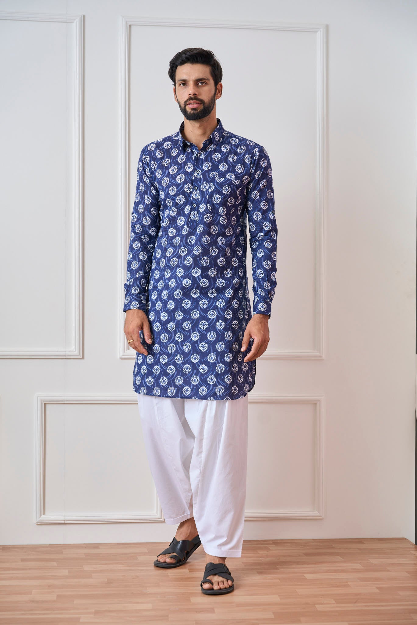 Riwaat.com Men Indigo Regular Pure Cotton Pathani Kurta Riwaat Floral Pathani