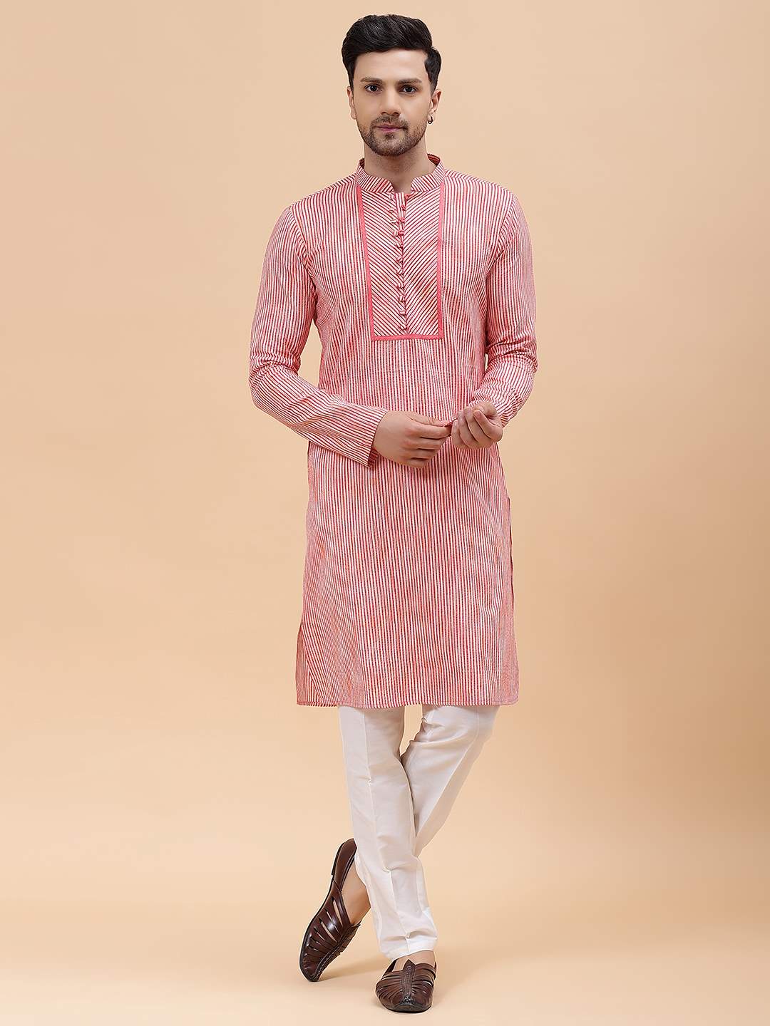 Men Pink Stripe Pure Cotton Printed Straight Kurta With Pajama