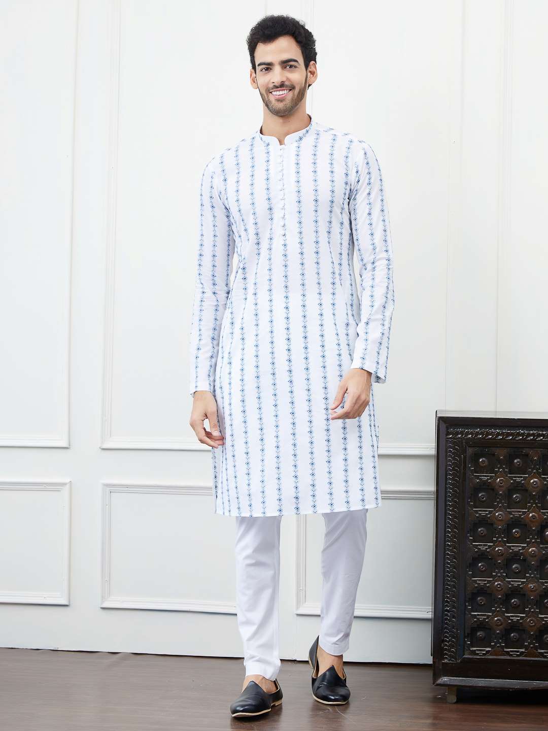 Men White with Vertical Blue Floral Stripes Chikankari Embroidered Cotton Kurta Set