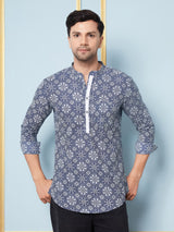 Men Blue & White Indigo Printed Cotton Short Kurta