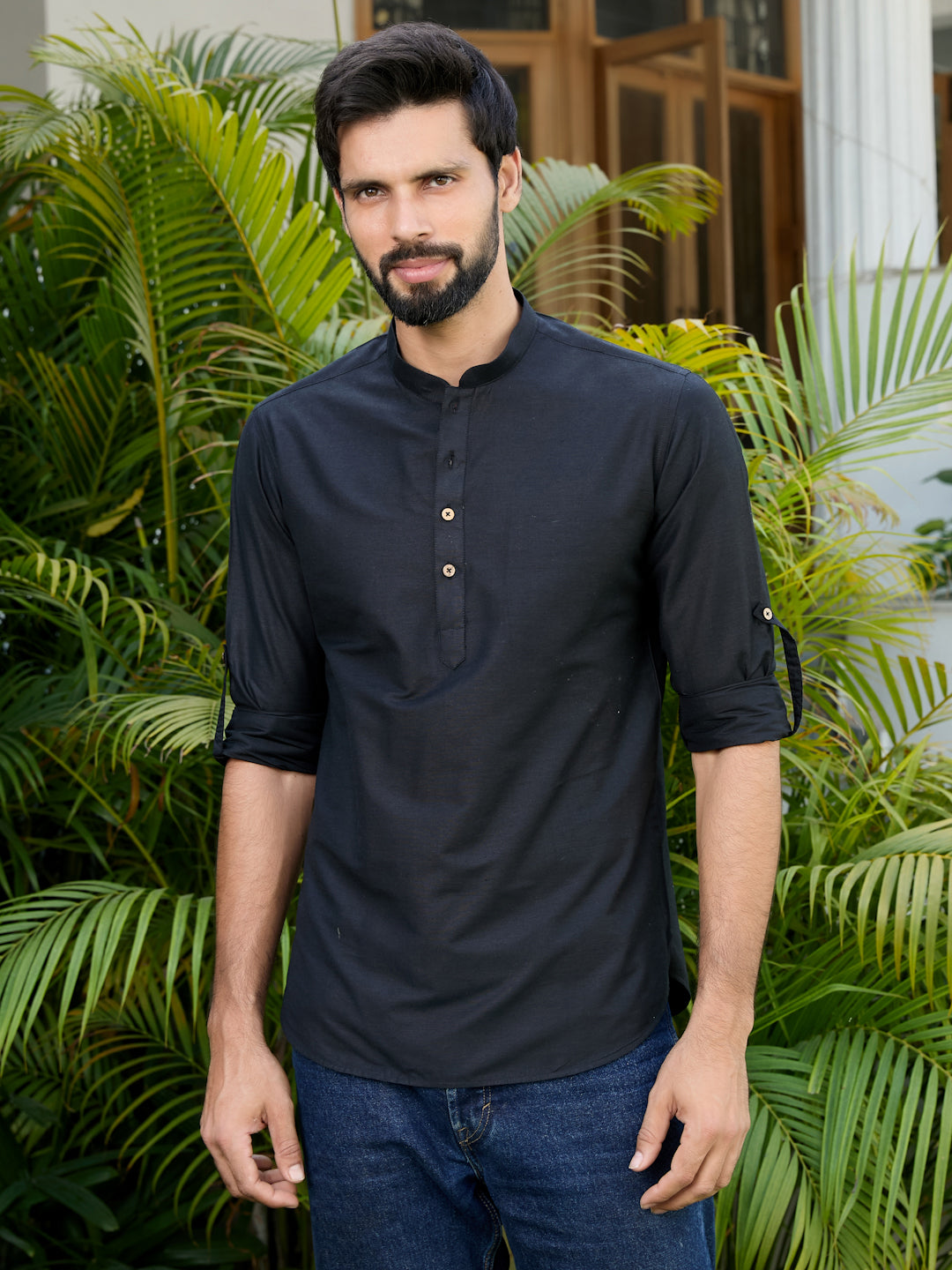 Men Pack Of 2 Turquoise Blue & Black Cotton Solid Short Kurta