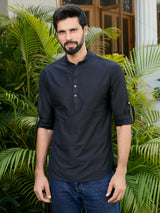 Men Pack Of 2 Turquoise Blue & Black Cotton Solid Short Kurta