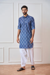 Men Navy Blue Waves Pure Cotton Pathani Kurta