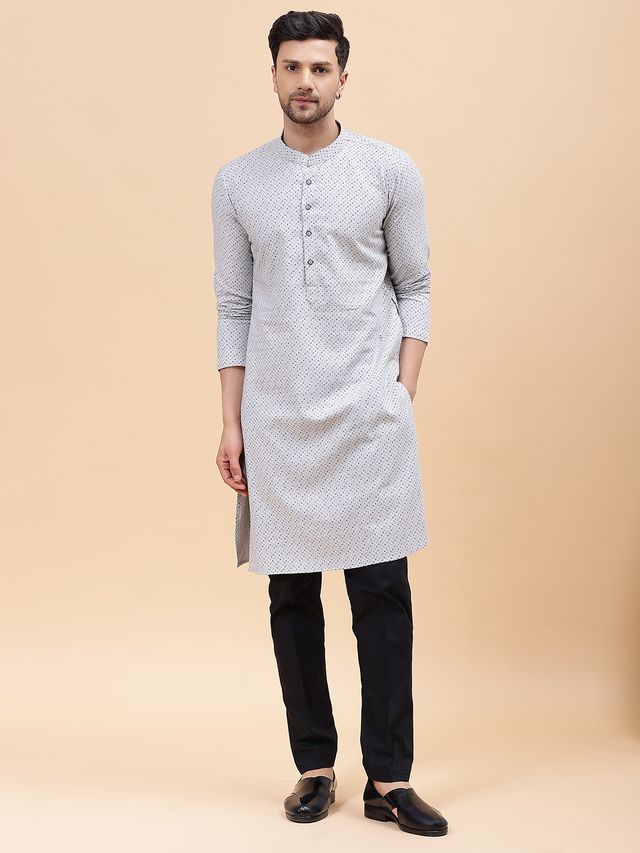 Men Silver & Black Pure Cotton Printed Straight Kurta With pyjama