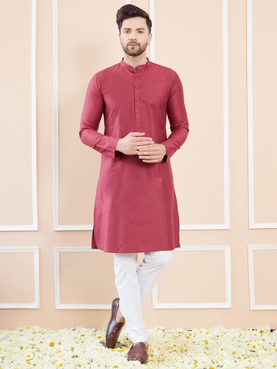 Men Burgundy Cotton Solid Straight Kurta