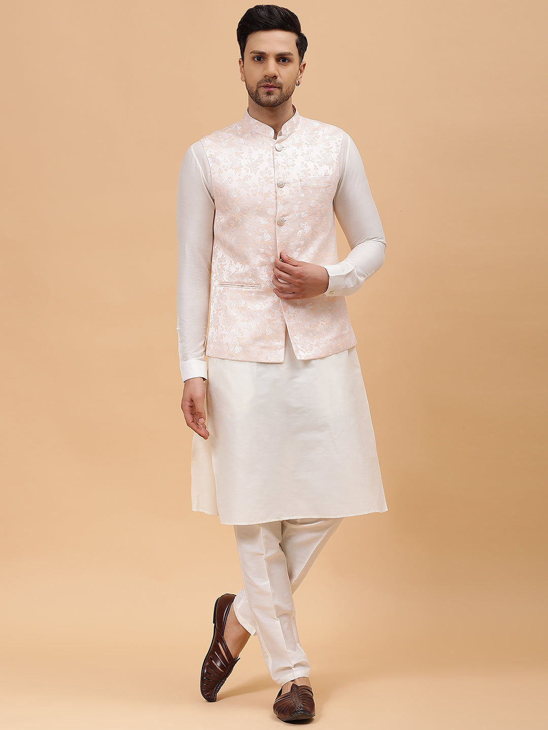 Riwaat.com Men Off White Kurta Pajama & Pink Woven Design Jacquard Nehru jacket Riwaat Indo Western