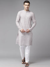 Men Off White & Brown Pure Cotton Embroidered Straight Kurta With Pajama