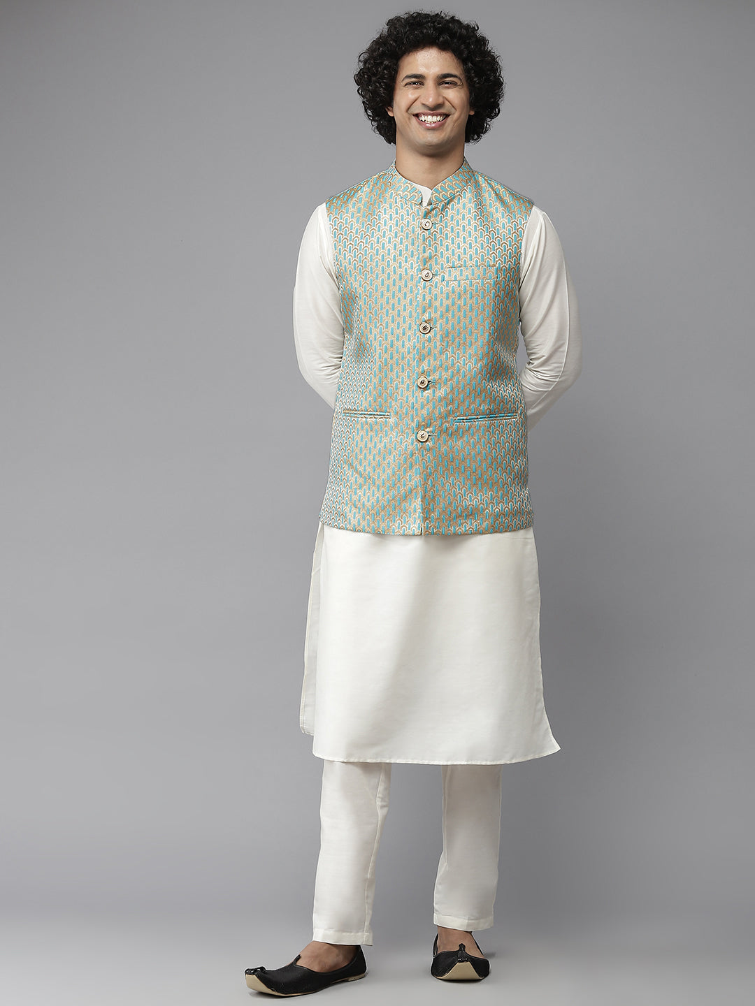 Riwaat.com Men Sea Green & White Solid Kurta Pajama With Nehru jacket Riwaat Indo Western Mehendi