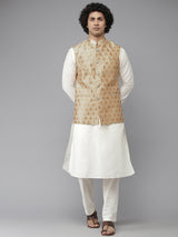 Riwaat.com Men Gold & White Solid Kurta Pajama With Nehru jacket Riwaat Indo Western