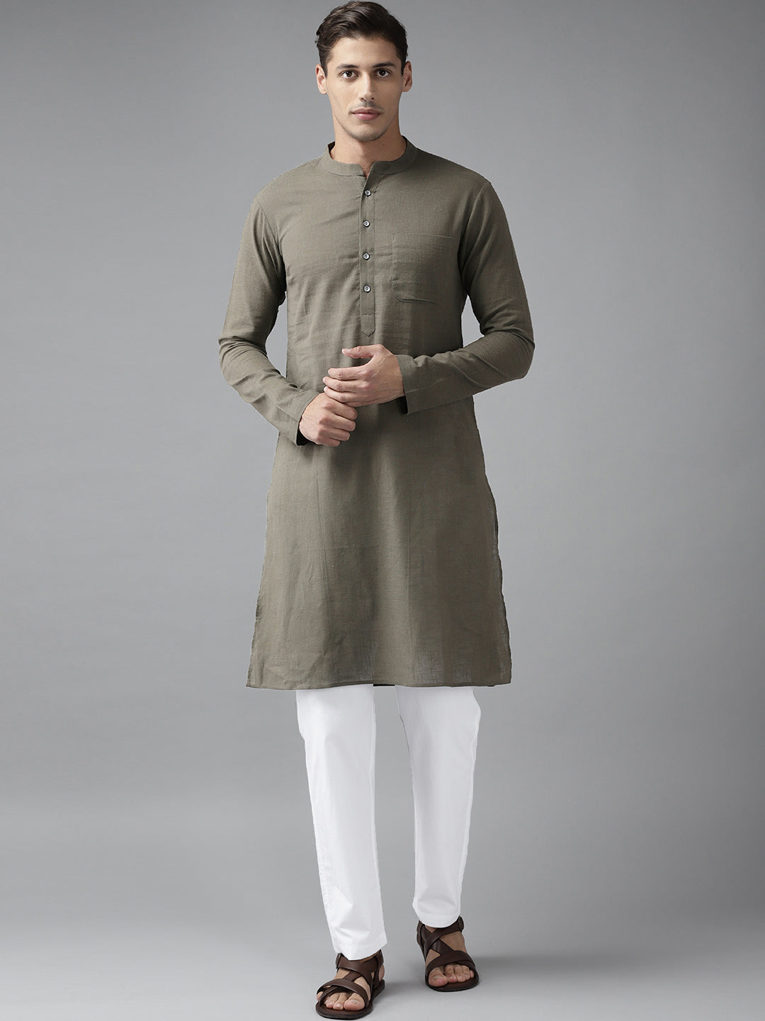 Men Khaki Cotton Straight Kurta with Slub Effect