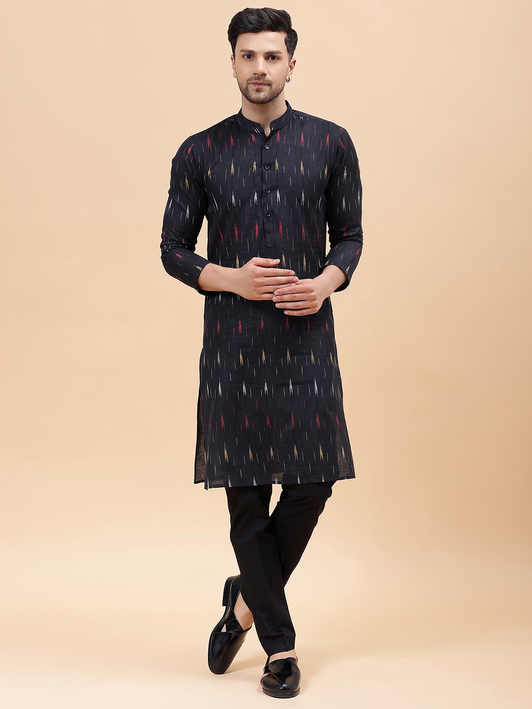 Men Black & Red Pure Cotton Printed Straight Kurta With Pajama