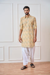 Riwaat.com Yellow Regular Pure Cotton Pathani Kurta Riwaat Floral Haldi Pathani