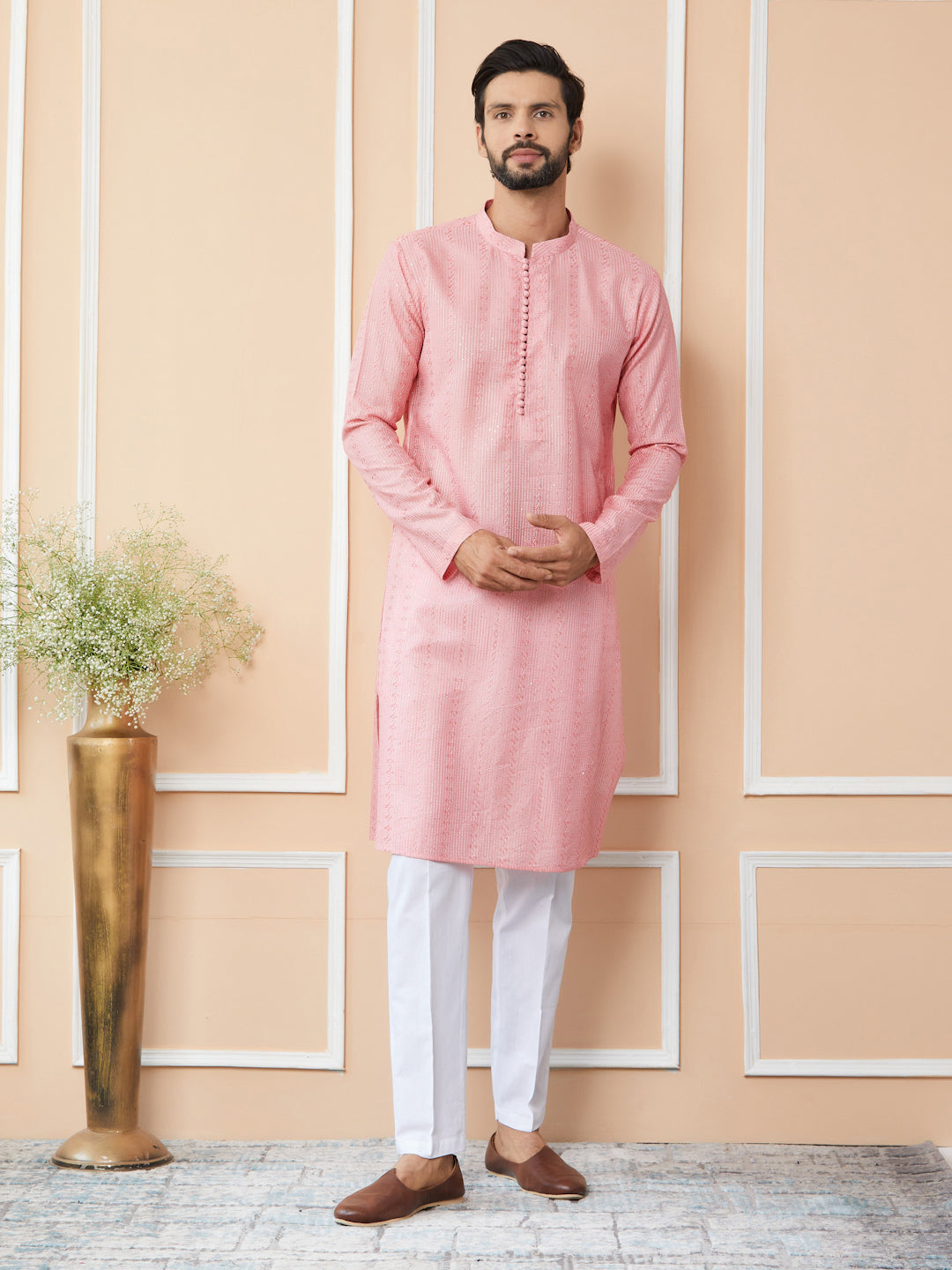 Pink Embroidered Thread Work Sequinsed Chanderi Silk Straight Kurta with Pyjama