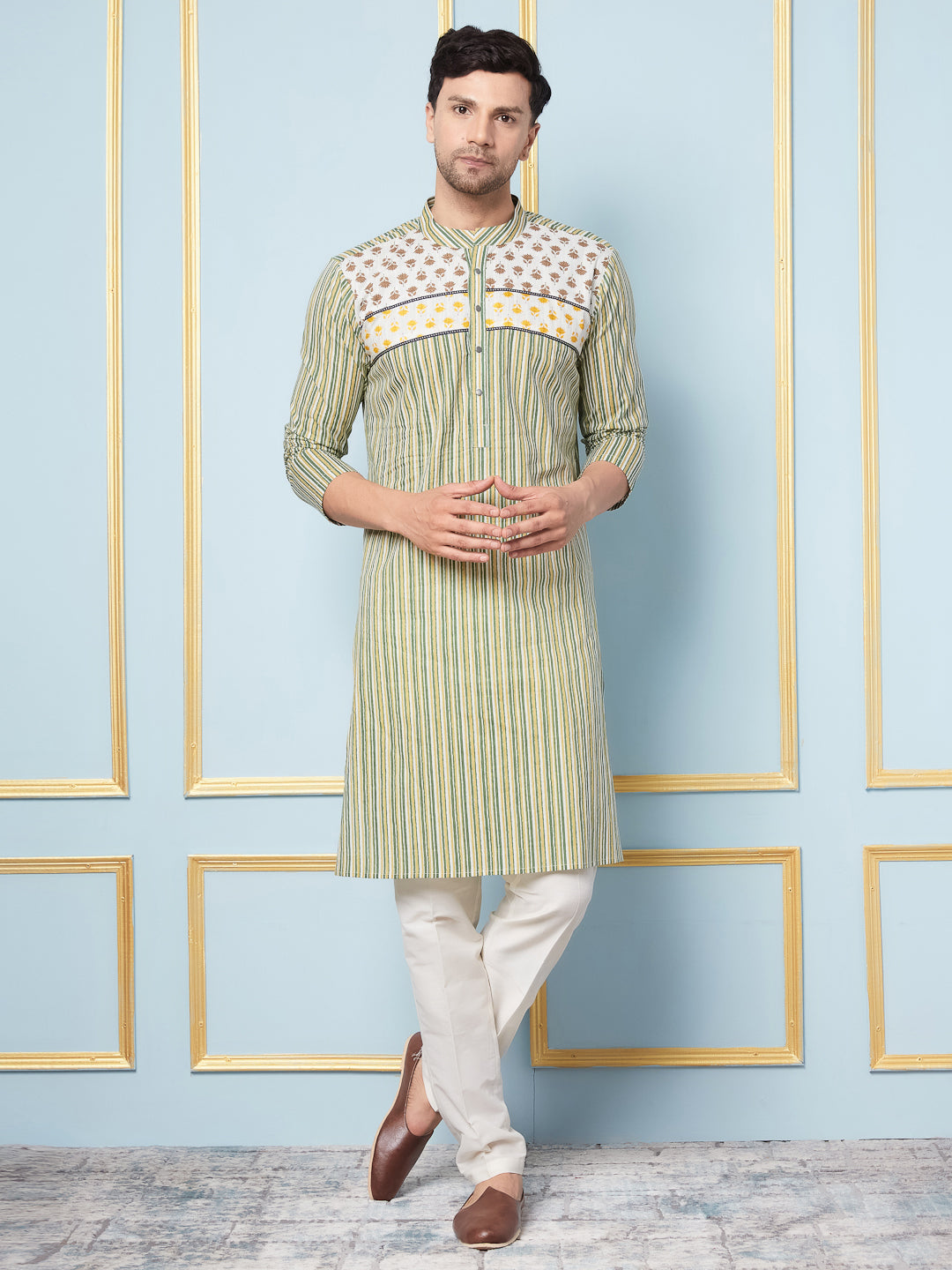 Men Multicoloured Strip Printed Kurta With pyjama
