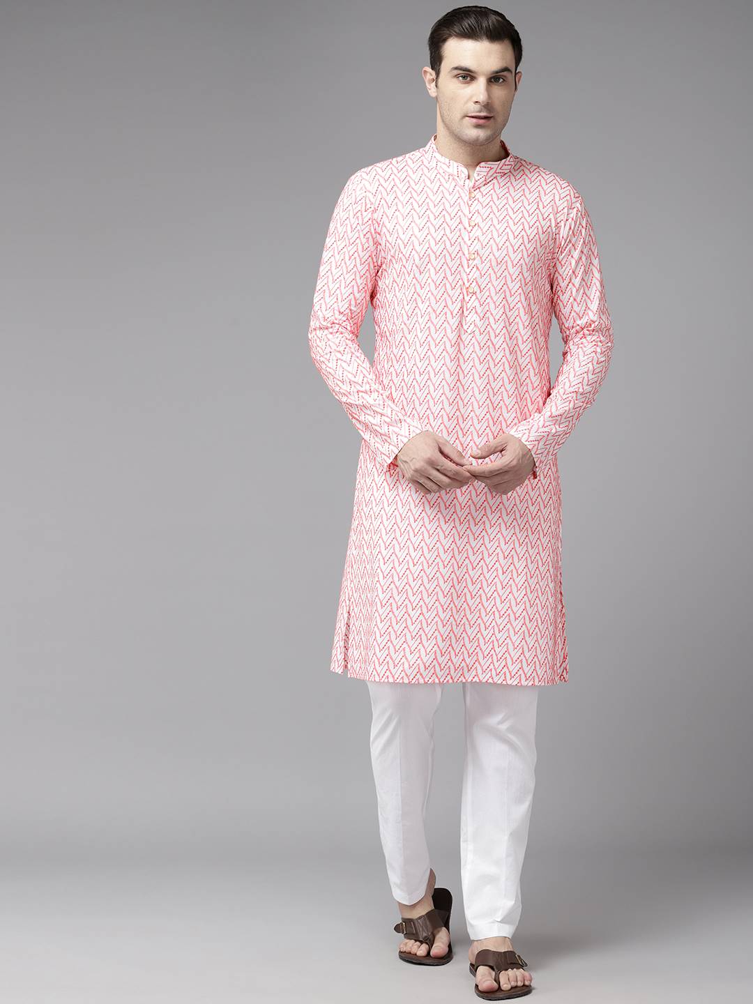 Men Coral Pink Pure Cotton Embroidered Straight Kurta With Pajama