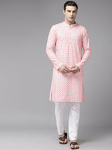 Men Coral Pink Pure Cotton Embroidered Straight Kurta With Pajama