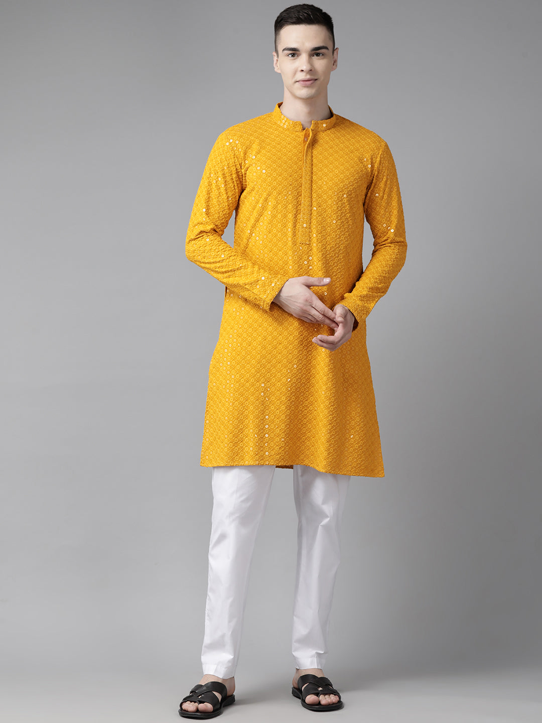 Men Mustard Floral Embroidered Sequins Rayon Kurta With pyjama