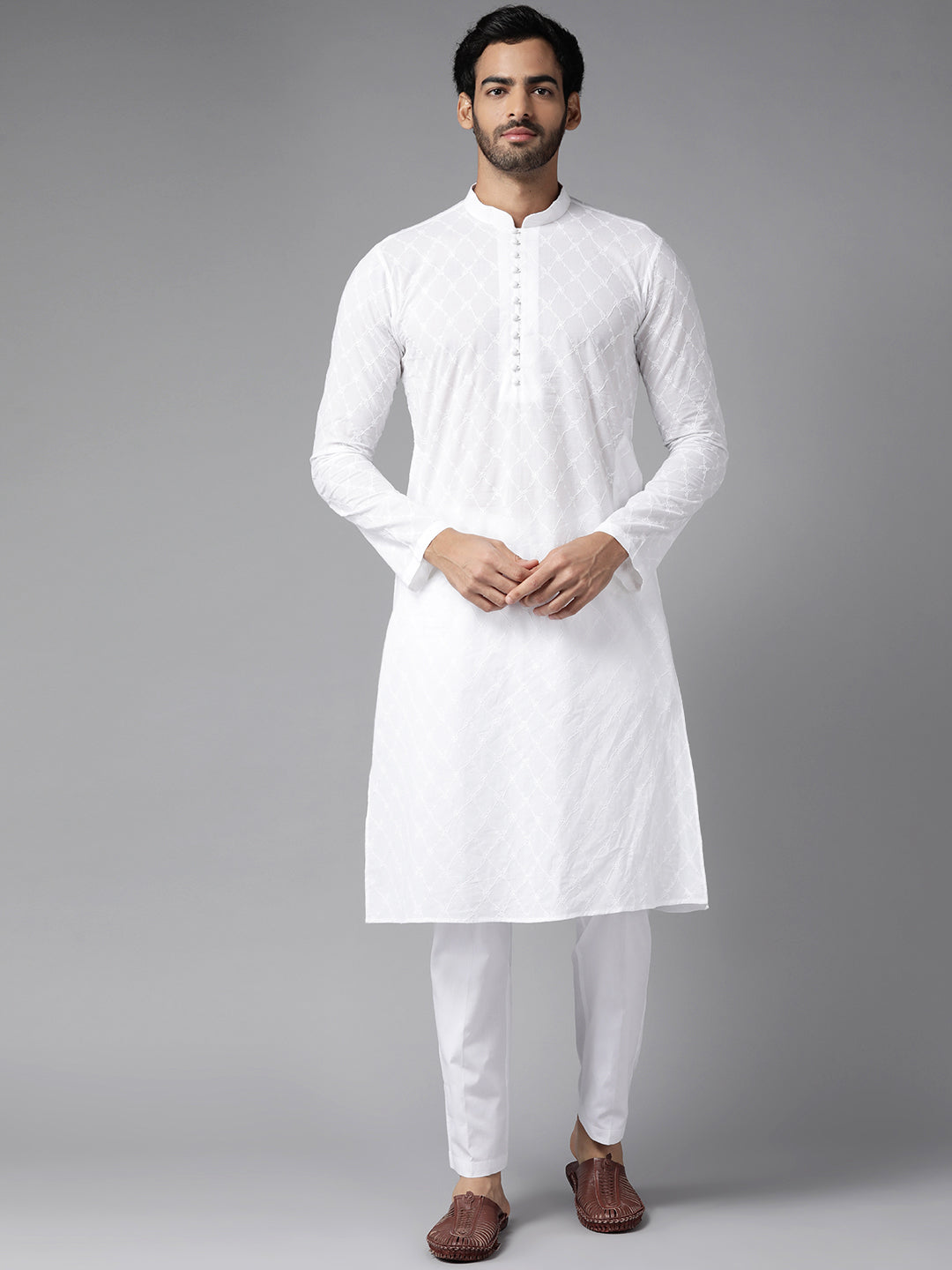 Men Pristine White Chikankari Embroidered Straight Kurta With Pajama