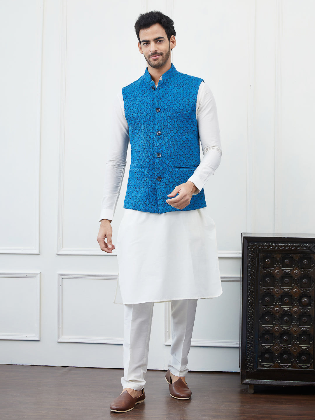 Men Blue Color Woven Design Embroidery Cotton Nehru Jacket