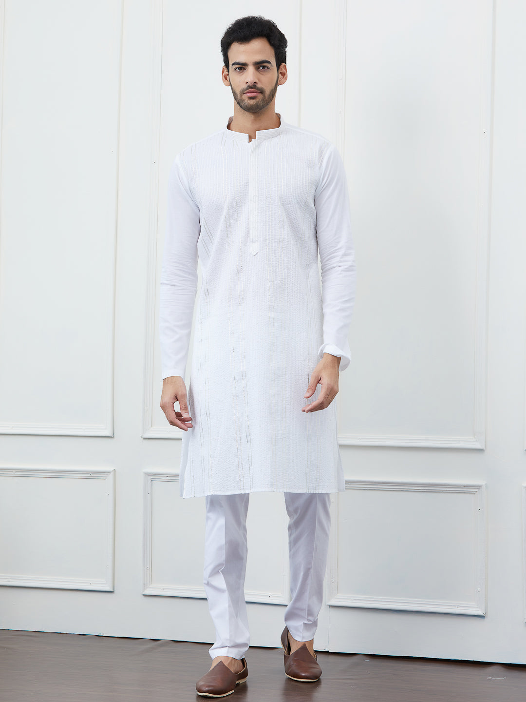 Men White Cotton Kurta With Silver Thread Work