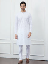 Men White Cotton Kurta With Silver Thread Work