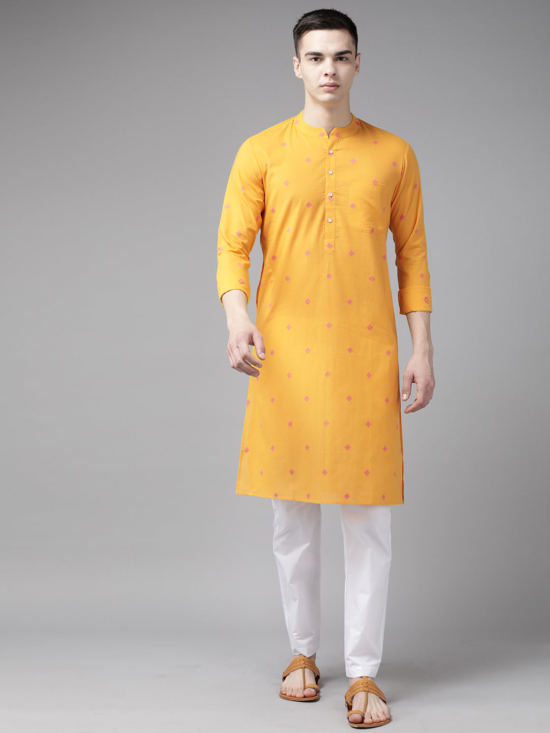 Riwaat.com Men Yellow & Maroon Woven Design Straight Kurta Riwaat Haldi Printed