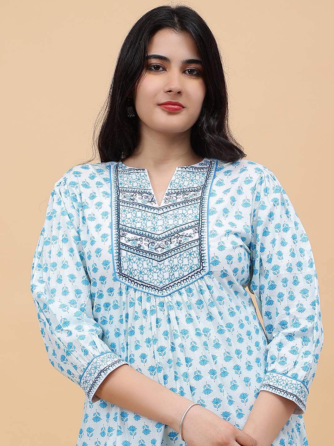 Women Light Blue with Blue Floral Pattern Yoke Design Embroidery Cotton Kurti