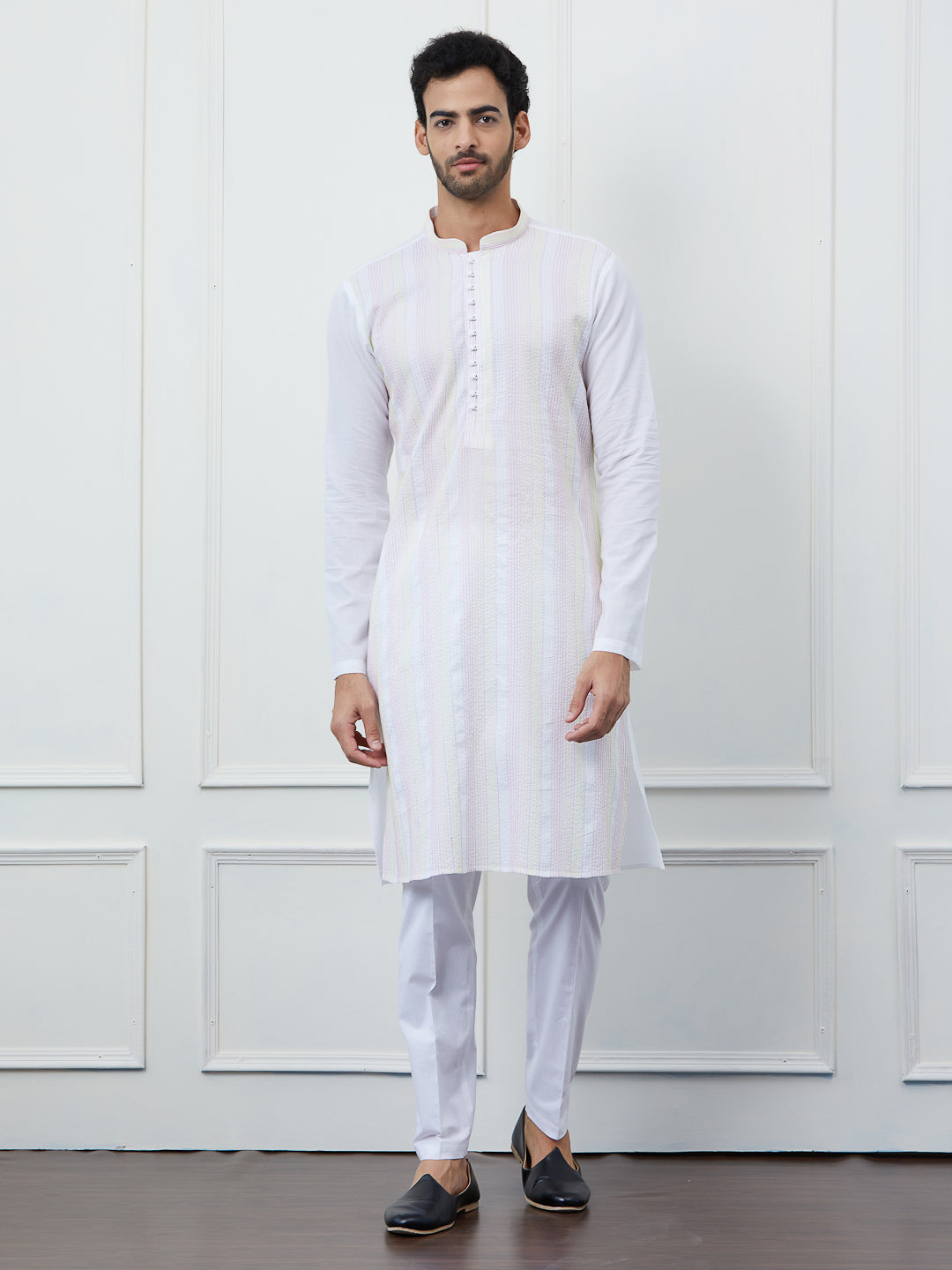 Men White Cotton Multi Thread Work Kurta With Pyjama