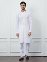 Men White Cotton Multi Thread Work Kurta With Pyjama