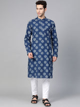 Riwaat.com Men Blue Indigo Hand Block Print Straight Sustainable Kurta Riwaat Printed