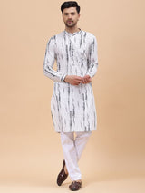 Men Grey & White Pure Cotton Printed Straight Kurta With pyjama