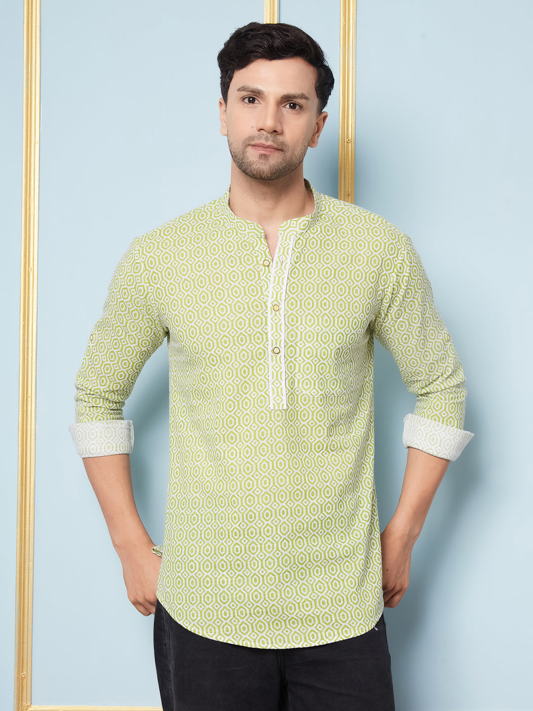 Men Lime Green & White Printed Cotton Short Kurta