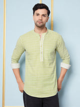 Men Lime Green & White Printed Cotton Short Kurta