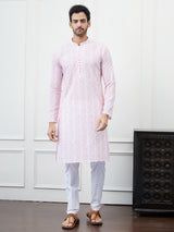 Men White & Pink Cotton Kurta With Chikankari Embroidered