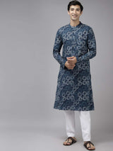 Men Blue & Off White Printed Straight Kurta With Pajama