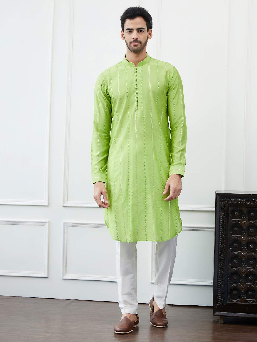 Men Bright Lime Green with Subtle Silver Sequin Stripes Cotton Kurta Set