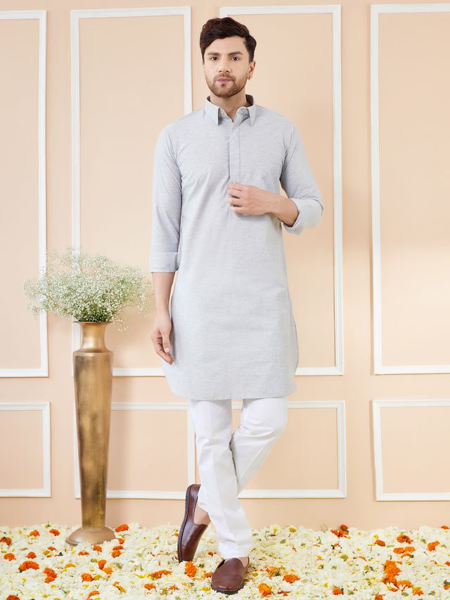 Men Grey Cotton Solid Pathani Kurta