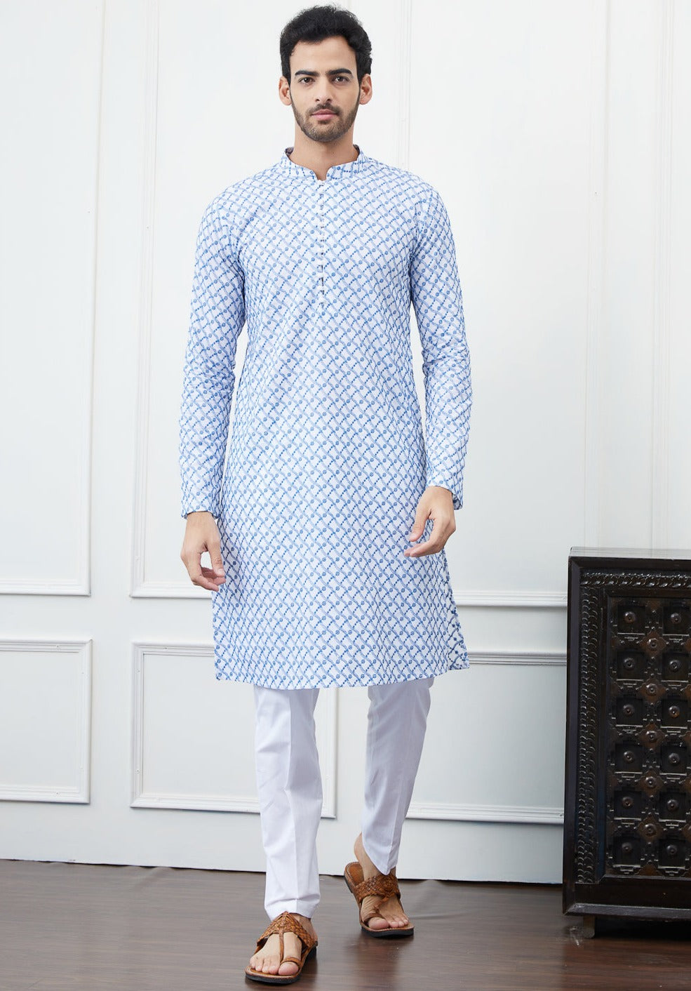 Men White And Blue Cross Pattern Chikankari Embroidered Cotton Kurta