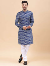 Men Navy Blue & White Pure Cotton Printed Straight Kurta