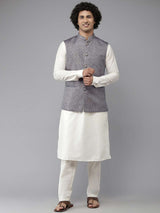 Men Blue & White Solid Kurta Pajama With Nehru jacket