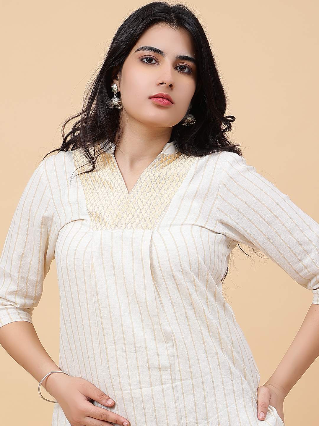 Women Off White And Gold Stripe Thread Work Yoke Design Cotton Kurti