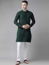 Men Bottle Green Floral Embroidered Sequined Rayon Kurta