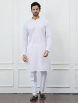 Men White Cotton Pink Thread Work & Sequince Kurta